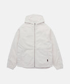 Front view of the Gramicci Beach Hoodie Jacket in stone with a full-length zipper, divided kangaroo pocket, and small logo tab on a light tone background.