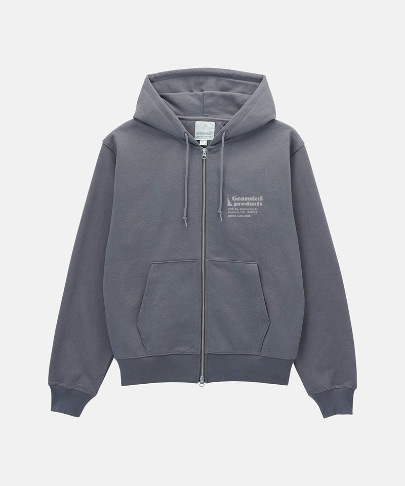 Gramicci charcoal G-Sail Zip Hooded Sweatshirt with a light grey graphic against a light-tone background.