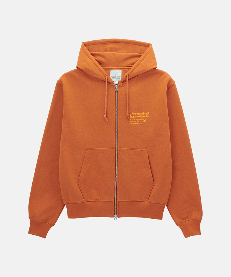 Gramicci orange G-Sail Zip Hooded Sweatshirt with a light orange graphic against a light-tone background.