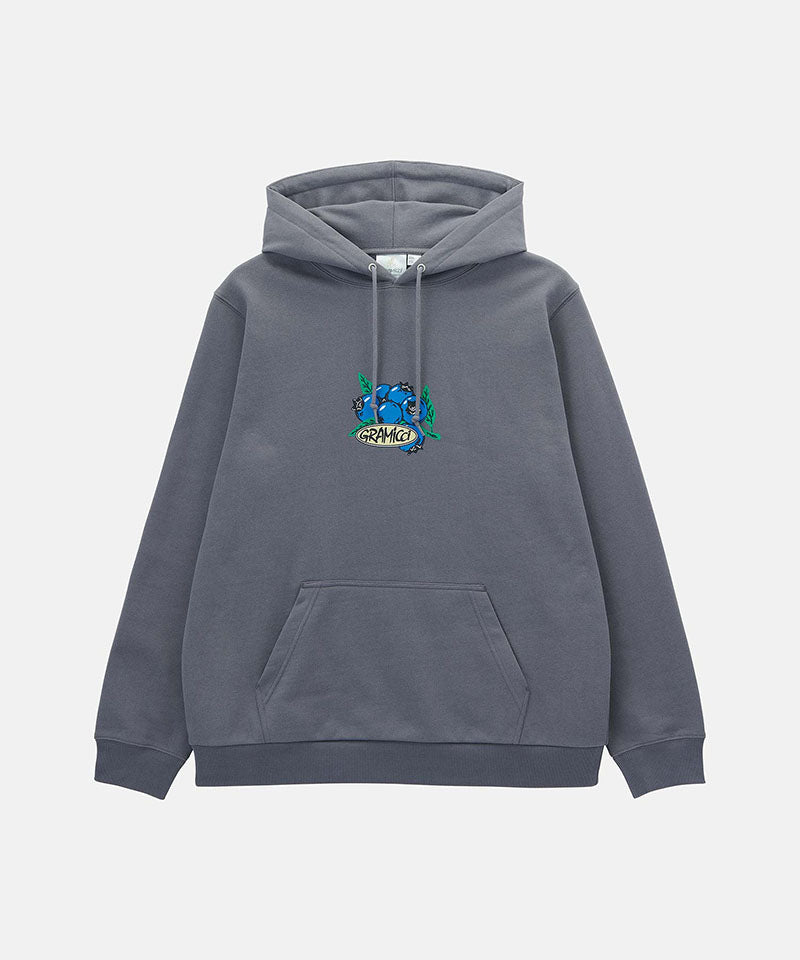Gramicci charcoal Blueberry Hooded Sweatshirt with a  graphic against a light-tone background.