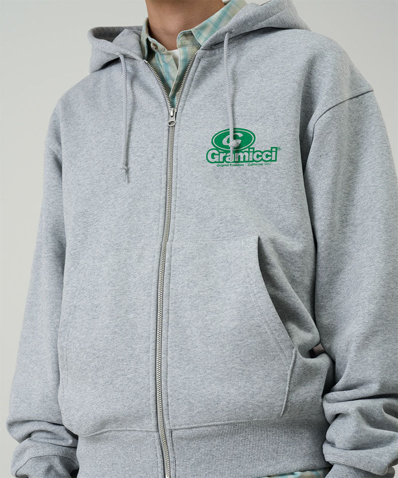 Gray hoodie with a brand logo on a plain background