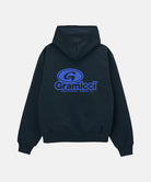 Black hoodie with blue 'Gramicci' logo on the back against a light gray background