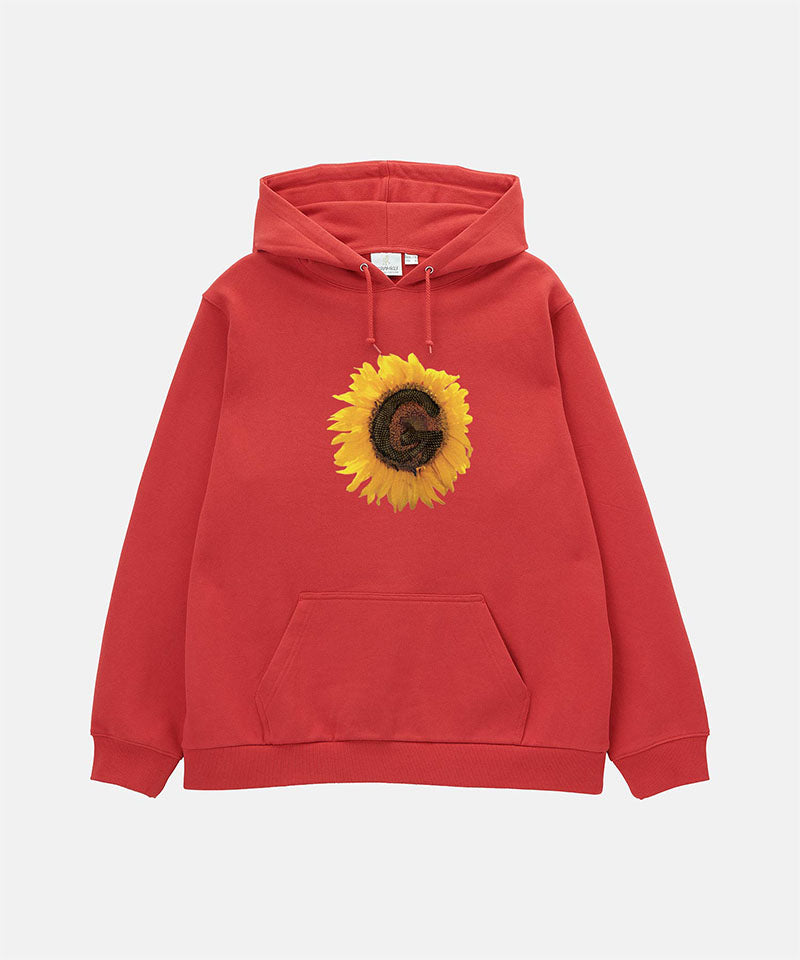Red hoodie with a sunflower design on a white background