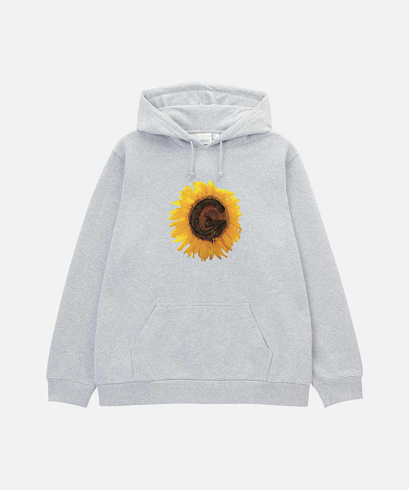 Gray hoodie with a sunflower design on a white background