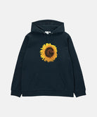 Black hoodie with a sunflower design on a light gray background