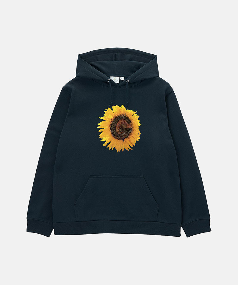 Gramicci vintage black G-Flower Hooded Sweatshirt with a sunflower graphic against a light-tone background.