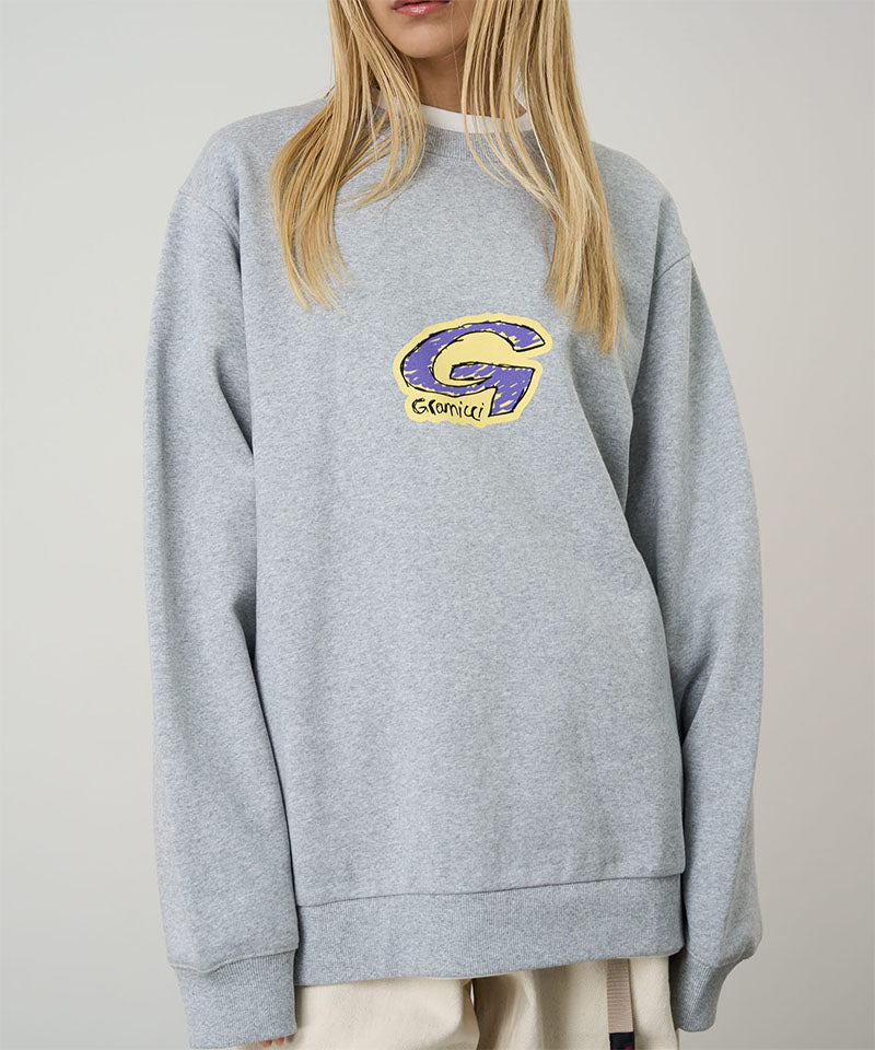 Gray sweatshirt with a logo worn by a person on a plain background
