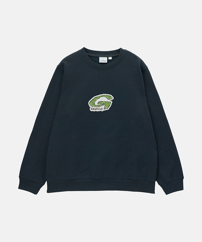 Black sweatshirt with a green logo on a light gray background