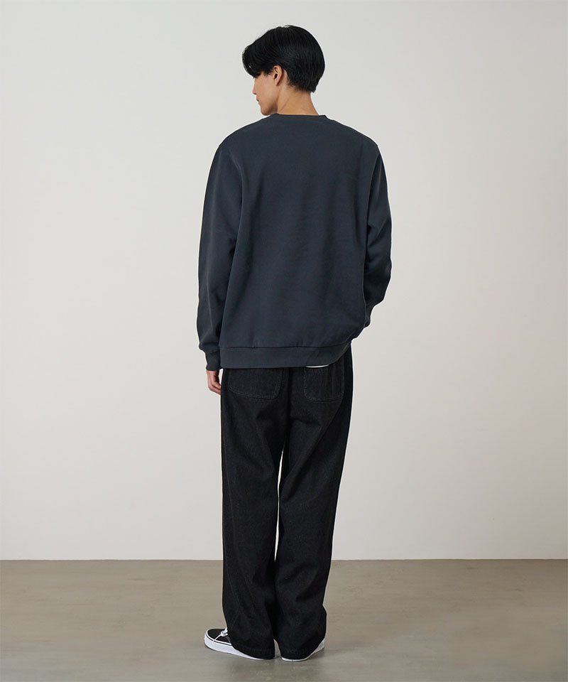 Person wearing a dark gray sweatshirt and black pants against a plain background