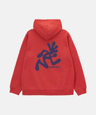Red hoodie with blue graphic design on the back against a white background