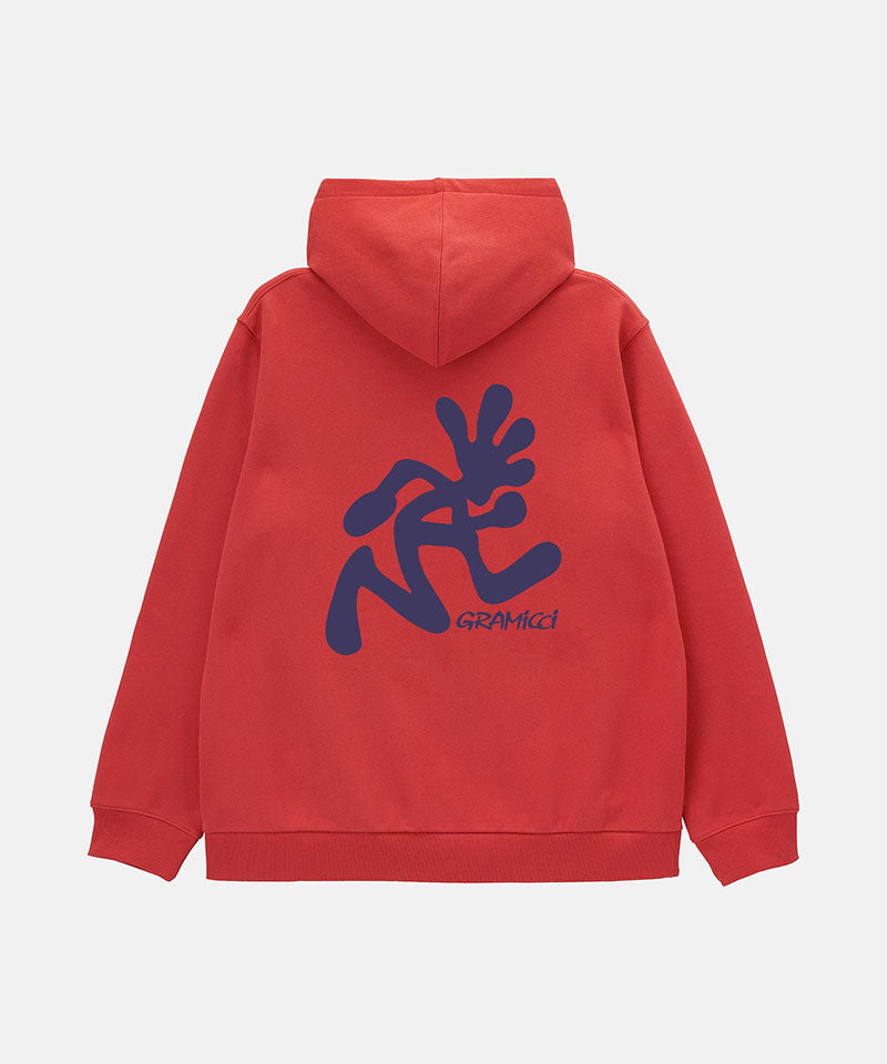 Back view of a Gramicci crimson red Running Man Hooded Sweatshirt with blue running man graphic against a light tone background.