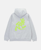 Gray hoodie with a bright green logo on the back against a white background