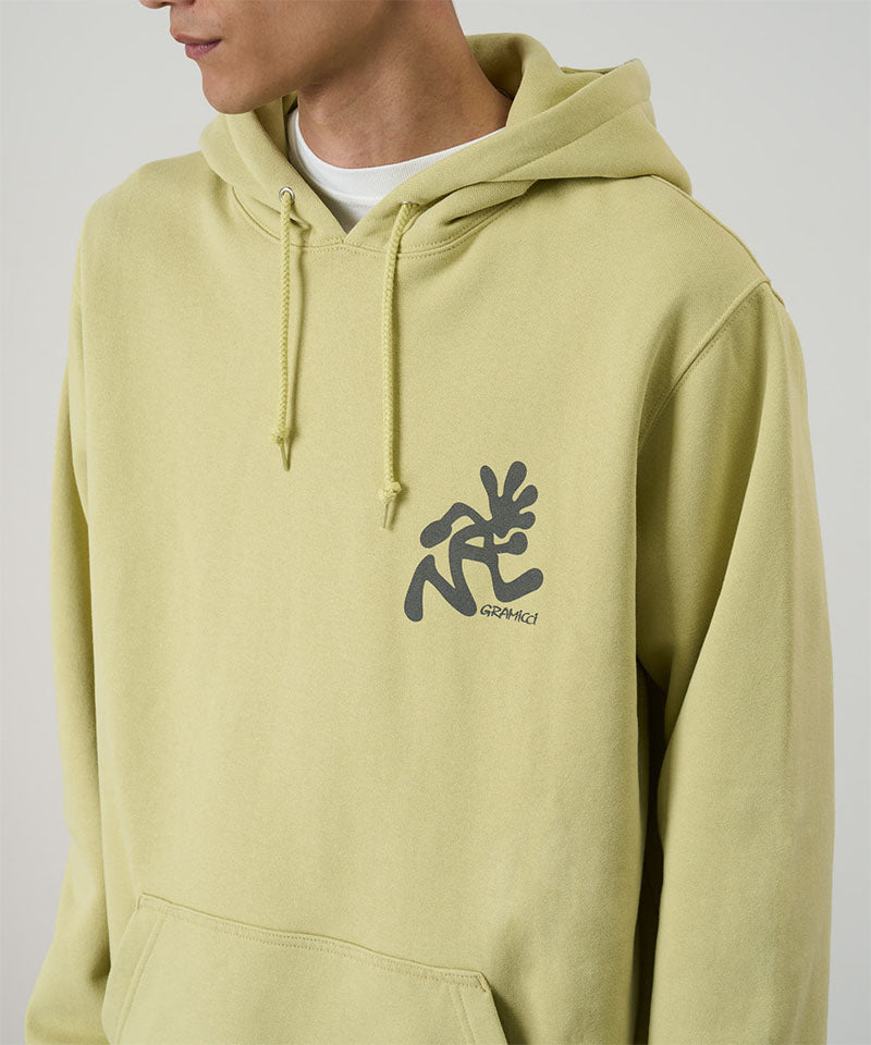 Light green hoodie with a black logo on a plain background