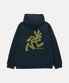 Black hoodie with olive graphic design on the back against a light gray background