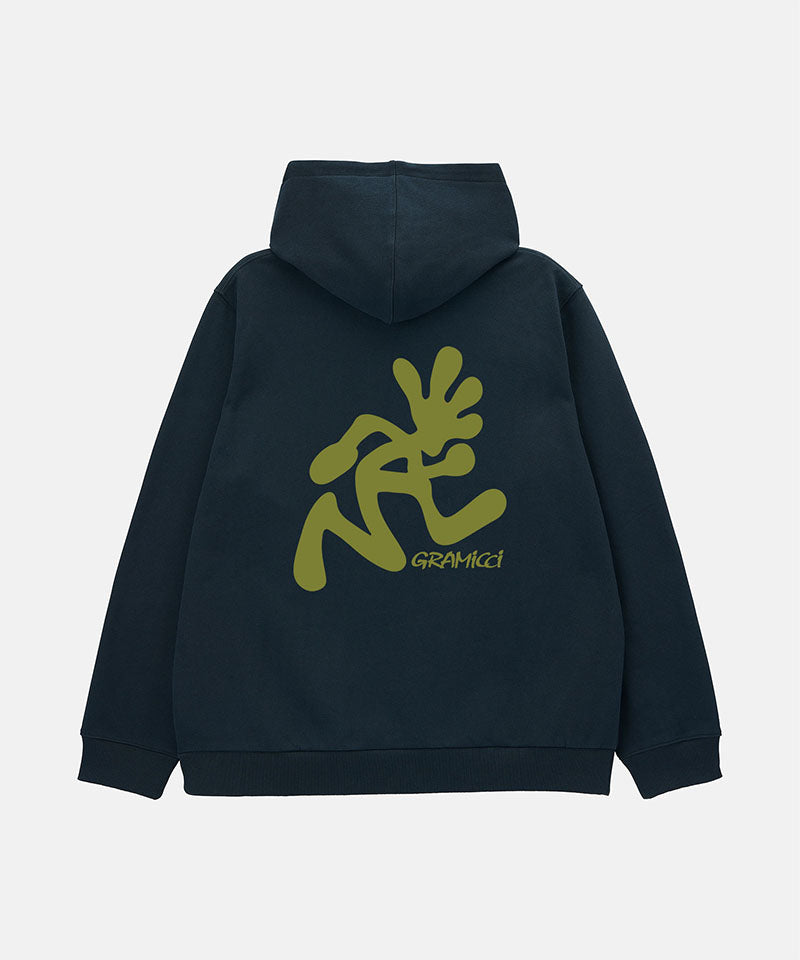 Black hoodie with olive graphic design on the back against a light gray background