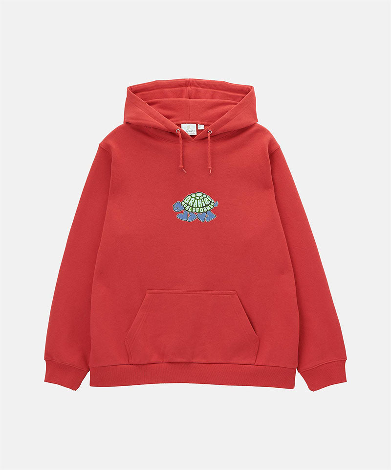 Red hoodie with a turtle design on a white background