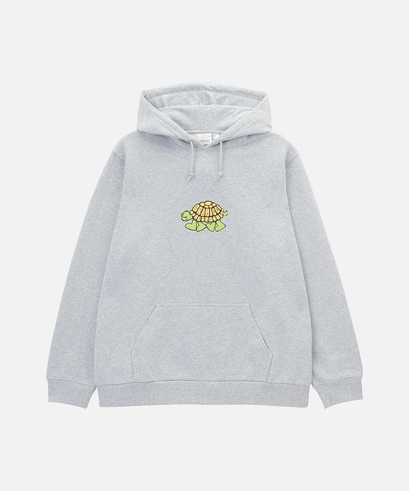Gray hoodie with a green turtle design on a white background