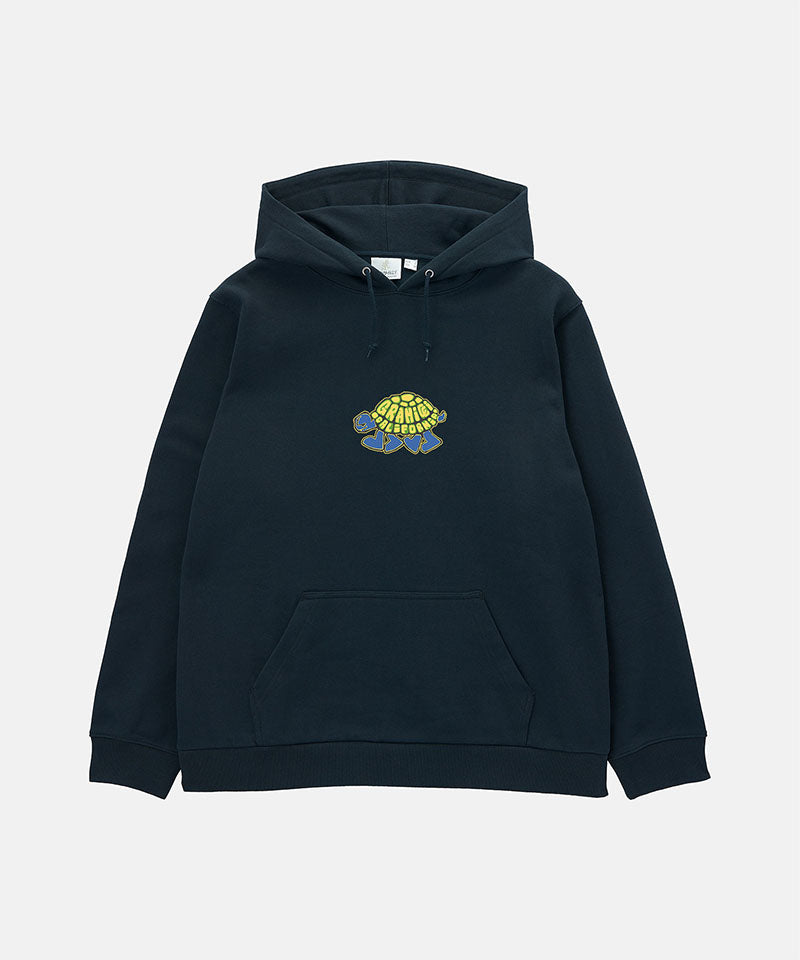 Gramicci vintage black Turtle Hooded Sweatshirt with a turtle graphic against a light-tone background.