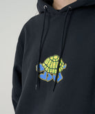 Black hoodie with a colorful turtle graphic on a light gray background
