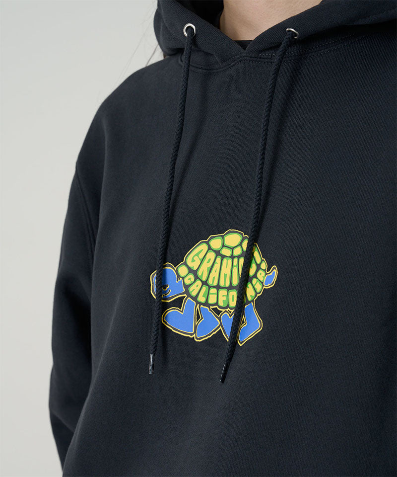 Black hoodie with a colorful turtle graphic on a light gray background