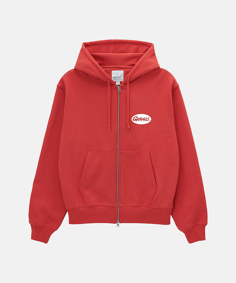 Red hoodie with a logo on the chest against a white background
