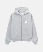 Gray hoodie with a brand logo on a white background