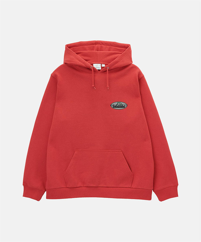 Red hoodie with a logo on a light gray background