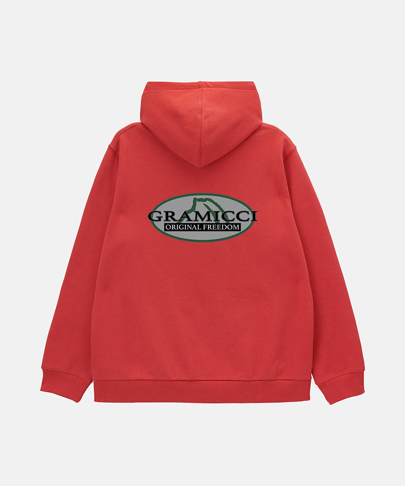 Red hoodie with a logo on the back against a white background