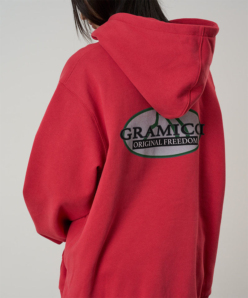 Red hoodie with a visible brand logo on the back against a plain background