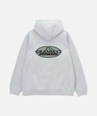 Gray hoodie with a logo on the back against a white background