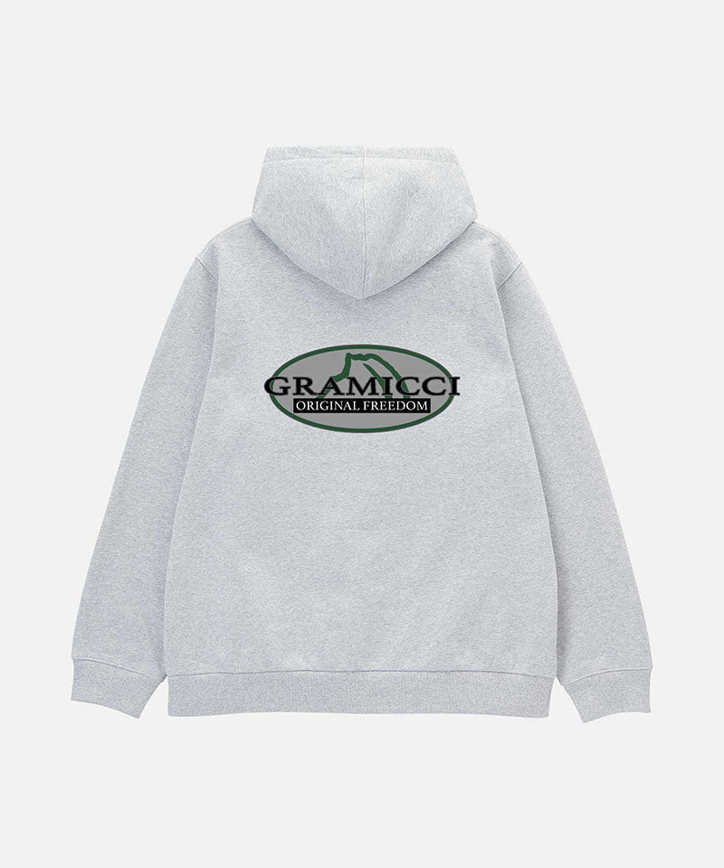 Gray hoodie with a logo on the back against a white background