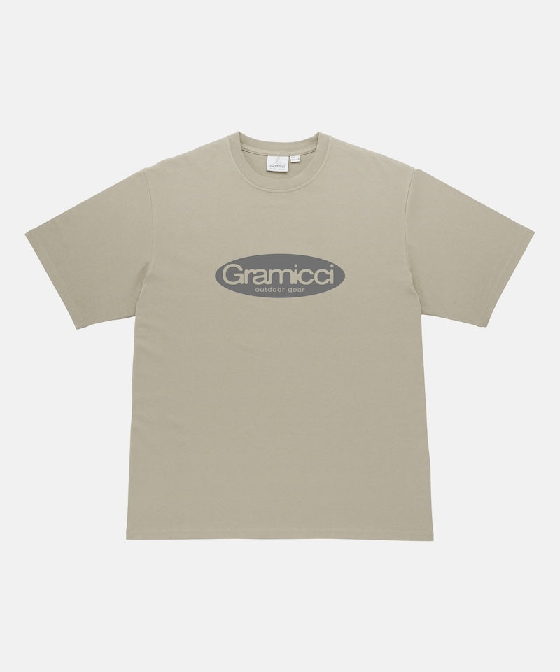 Beige t-shirt with 'Gramicci' logo on a white background
