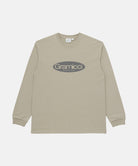 Gramicci beige Gramicci Outdoor Gear L/S Tee with a grey graphic against a light-tone background.