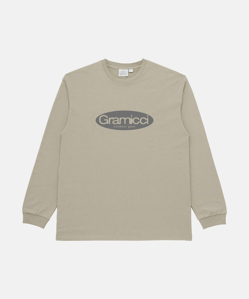 Gramicci beige Gramicci Outdoor Gear L/S Tee with a grey graphic against a light-tone background.