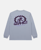 Back view of a Gramicci lavender Equipped For Dirt L/S Tee with a Gramicci gear graphic graphic against a light tone background.