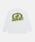 Back view of a Gramicci white Equipped For Dirt L/S Tee with green graphic against a light tone background.