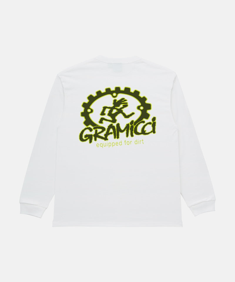 Back view of a Gramicci white Equipped For Dirt L/S Tee with green graphic against a light tone background.
