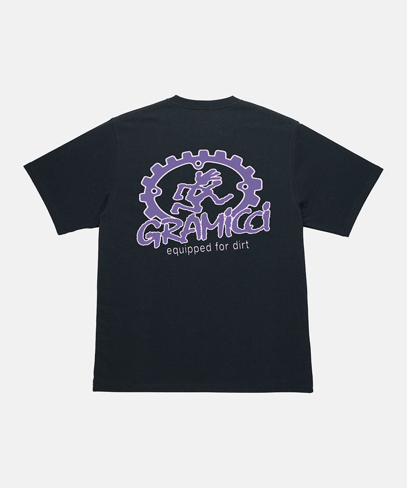 Back view of a Gramicci vintage black Equipped For Dirt Tee with a purple graphic against a light-tone background.