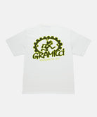 Back view of a Gramicci white Equipped For Dirt Tee with a green graphic against a light-tone background.
