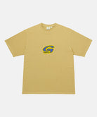 Gramicci sulpher G-Scribble Tee Pigment Dyed shirt with blue graphic against a light tone background.
