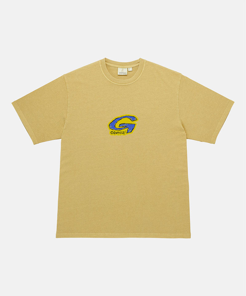 Gramicci sulpher G-Scribble Tee Pigment Dyed shirt with blue graphic against a light tone background.
