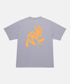 Gray t-shirt with orange graphic design on a white background