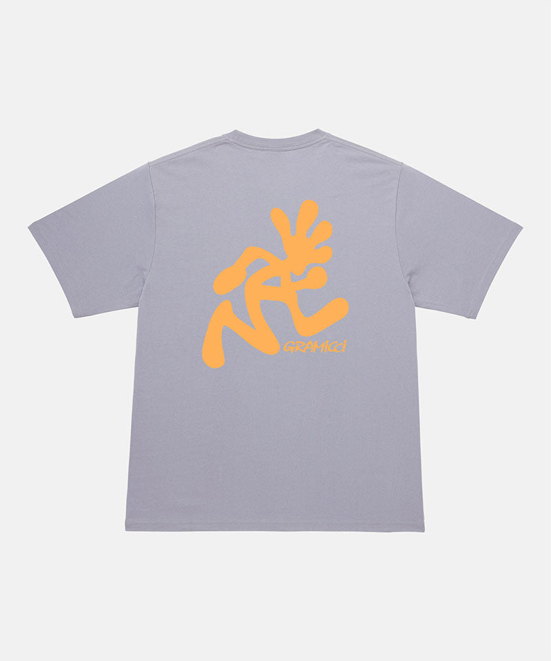 Gray t-shirt with orange graphic design on a white background