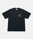 Black t-shirt with a yellow logo on a white background