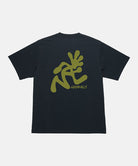 Black t-shirt with yellow graphic design on a white background