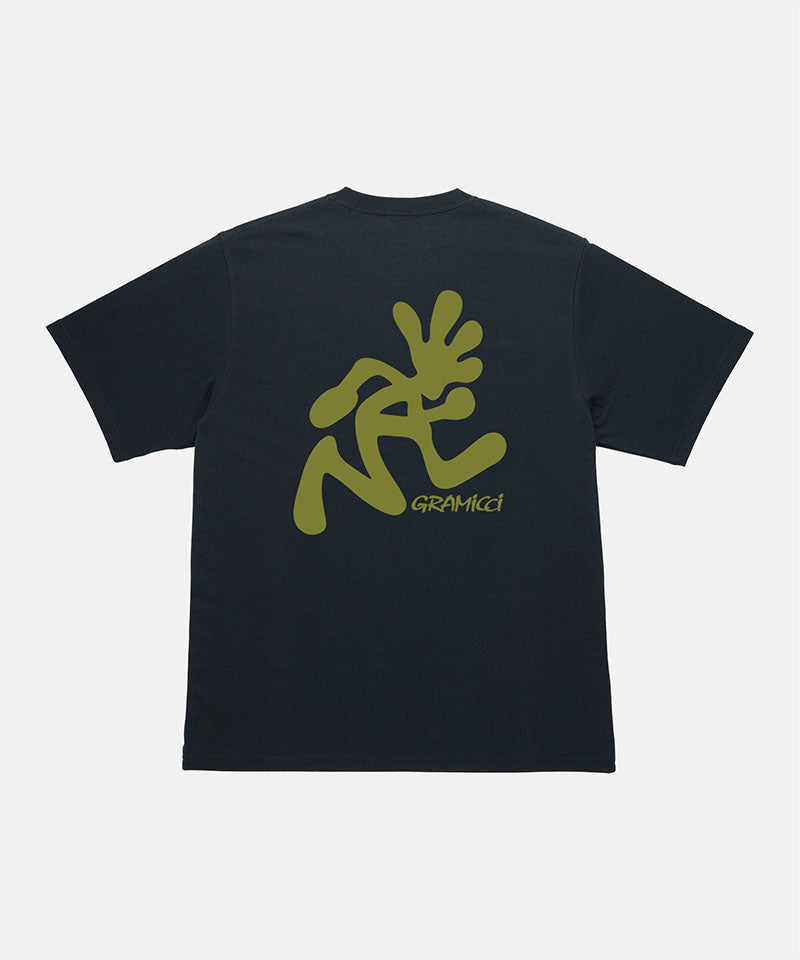 Black t-shirt with yellow graphic design on a white background