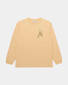 Gramicci mango colored Sticky Hands L/S Tee with green frog graphic against a light tone background.