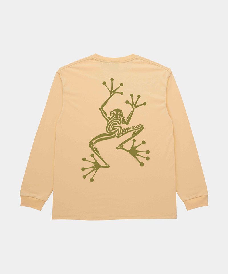Back view of a Gramicci mango colored Sticky Hands L/S Tee with green frog graphic against a light tone background.