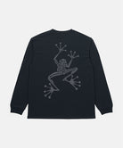 Back view of a Gramicci vintage black Sticky Hands L/S Tee with grey frog graphic against a light tone background.