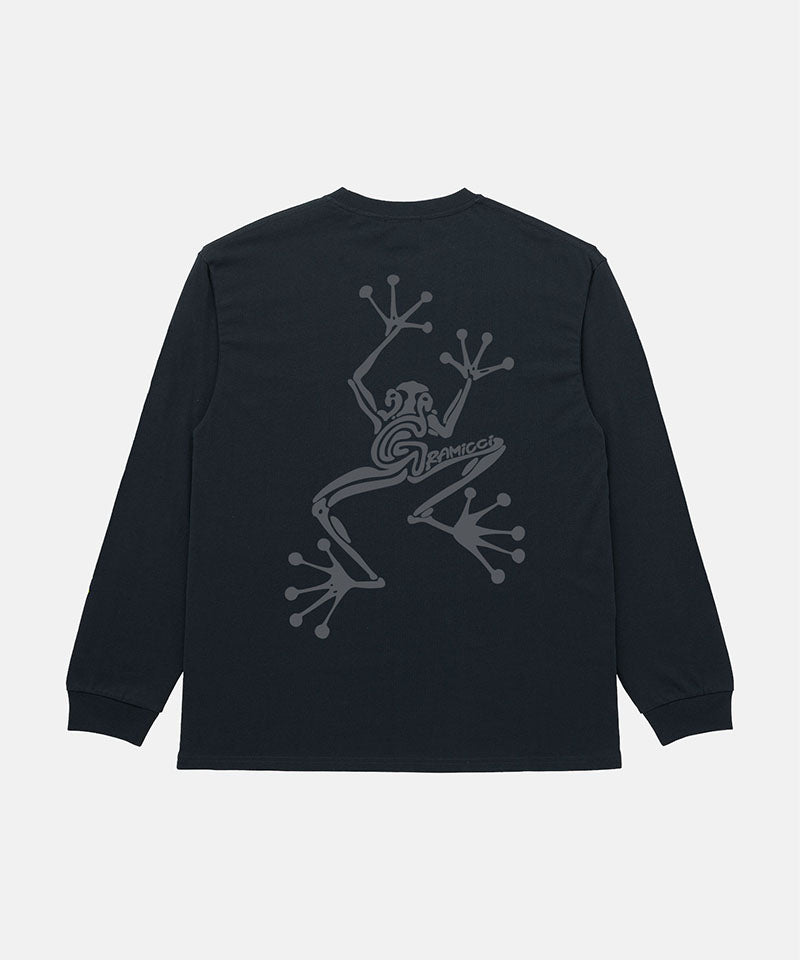 Back view of a Gramicci vintage black Sticky Hands L/S Tee with grey frog graphic against a light tone background.